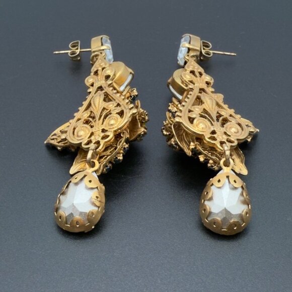 Ben Amun Signed BJ Gold Tone Filigree Crystal Dangle Drop Earrings Statement - Picture 9 of 11
